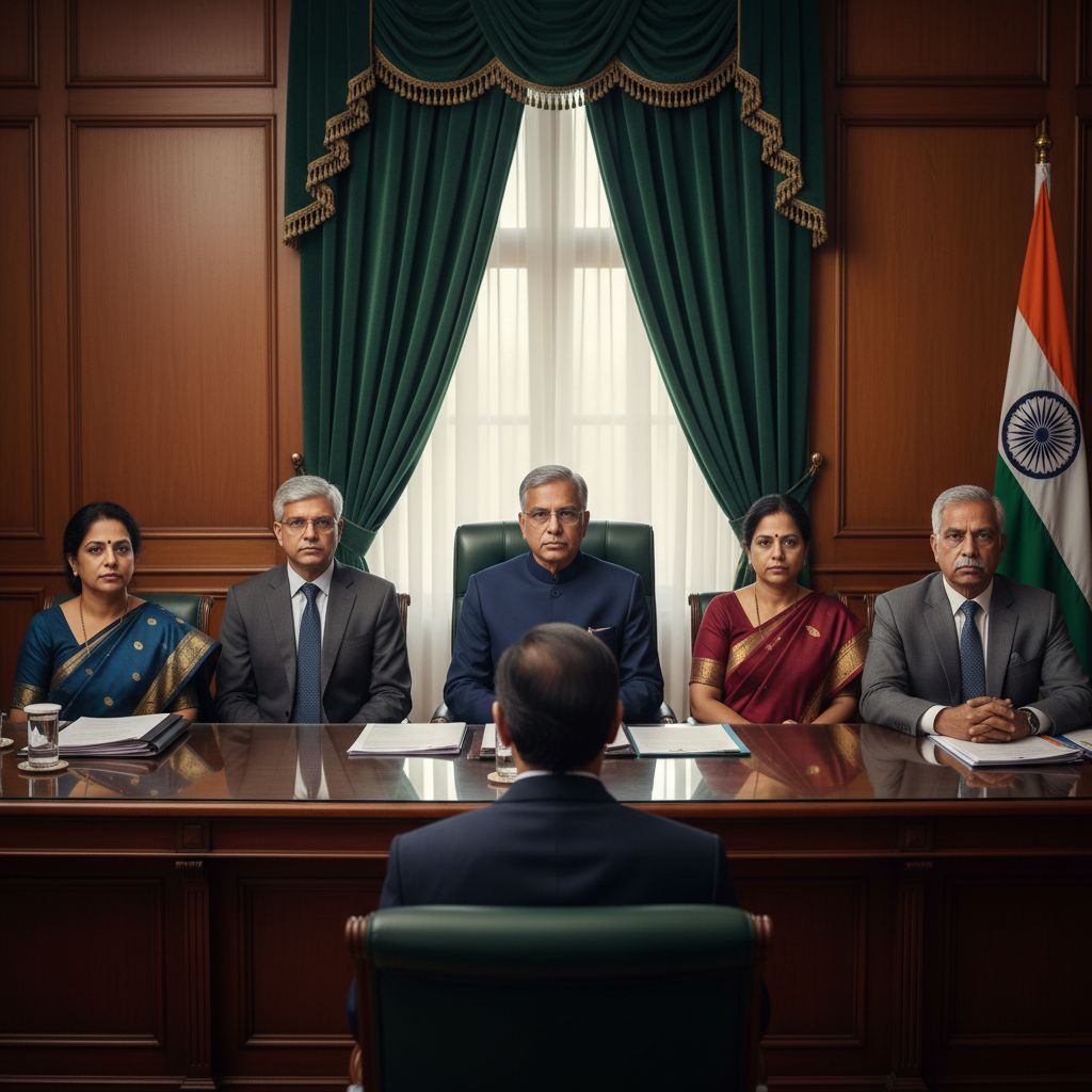 A UPSC-style interview board of five members seated across a table, ready to question a candidate